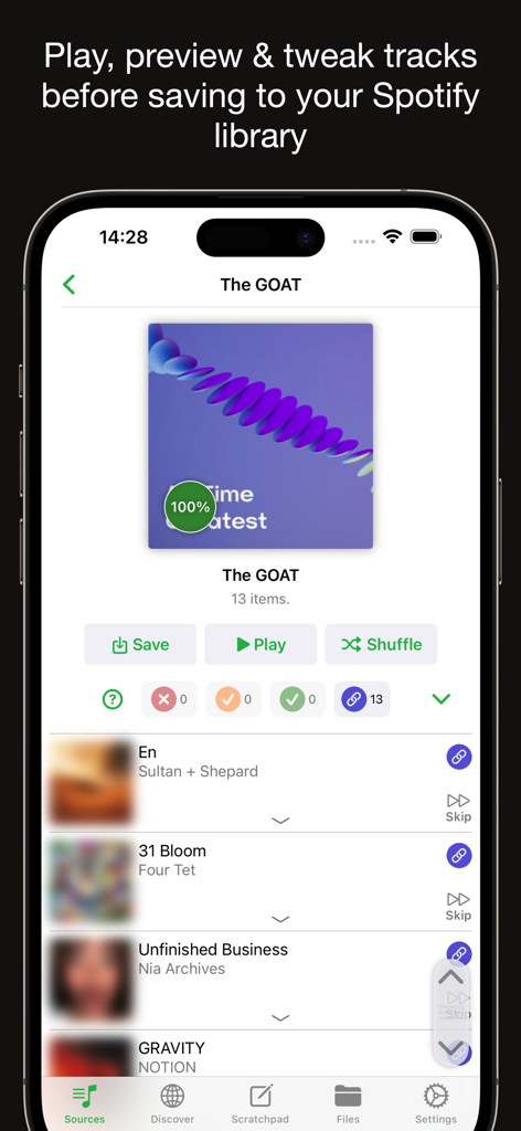 Interface of Playlisty for Spotify showing a playlist preview with options to play and save tracks