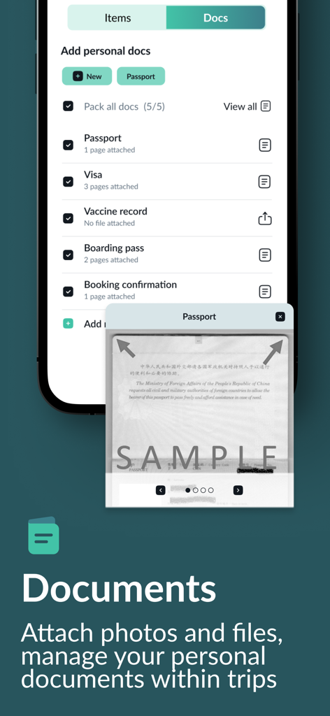 Pak - Travel Packing Checklist - Interfaz de la aplicación Pak que muestra la gestión de documentos de viaje y un escaneo de pasaporte de muestra.