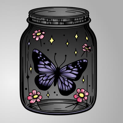 butterfly trapped in a glass jar, realistic