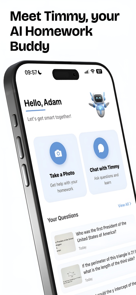 Timmy AI: Homework Helper - Home screen of Timmy AI Homework Helper app featuring scan to solve and chat features