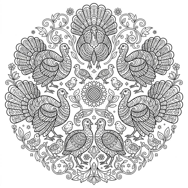 Dive into the calming world of our Female Turkey Mandala coloring page. This intricately designed template features majestic female turkeys and their adorable chicks, all arranged in a beautiful, symmetrical pattern for a deeply satisfying creative experience.