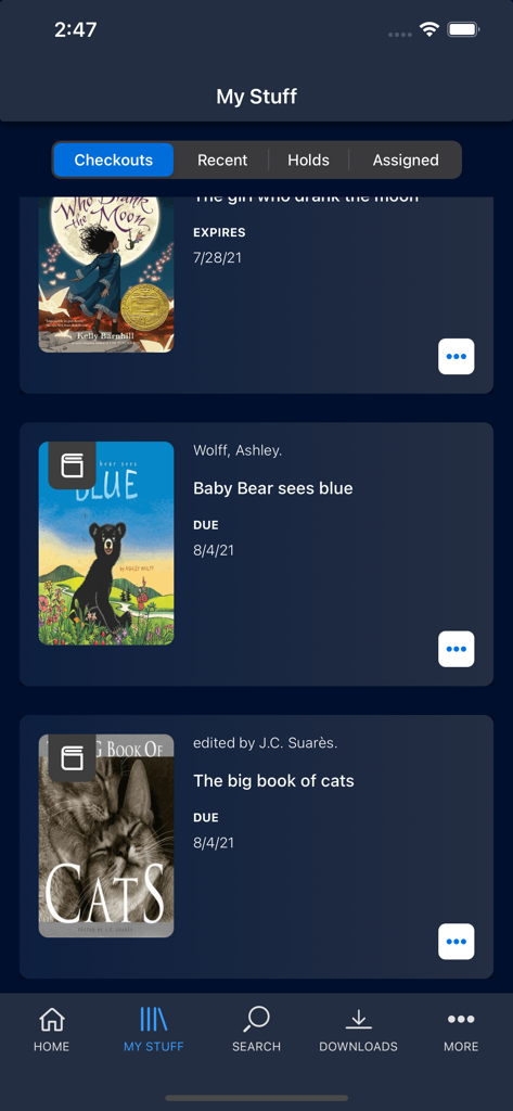 Destiny Discover - The My Stuff screen in the Destiny Discover app showing a list of checked out library books with their due dates