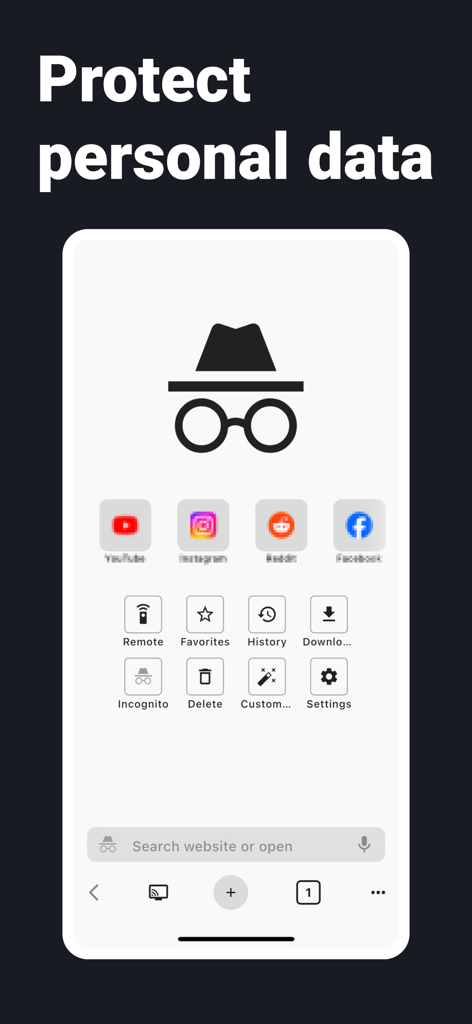 Interfaccia dell'app BROWSER con Telecomando TV che evidenzia la modalità incognito e le funzioni di protezione dei dati personali