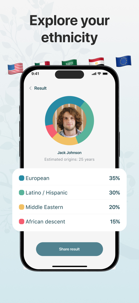 Ethnicity breakdown screen in the Family Tree Maker app showing origin percentages and a profile pie chart.
