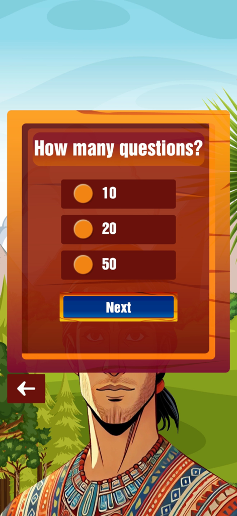 Book of Mormon Trivia - A screen in the Book of Mormon Trivia app showing options to choose between 10, 20, or 50 questions for a new game.