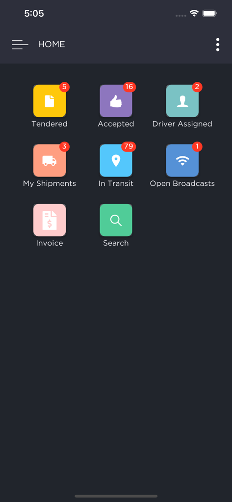 Manhattan TM Carrier - Manhattan TM Carrier app home screen showing shipment and load management options.