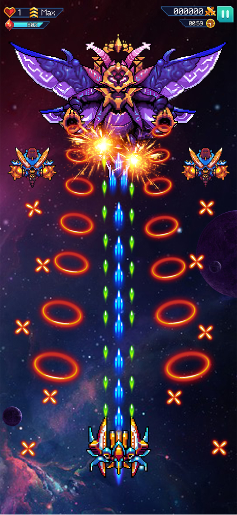 Galaxiga: Classic Arcade Game - A starship battling a massive purple alien boss in Galaxiga classic arcade game.