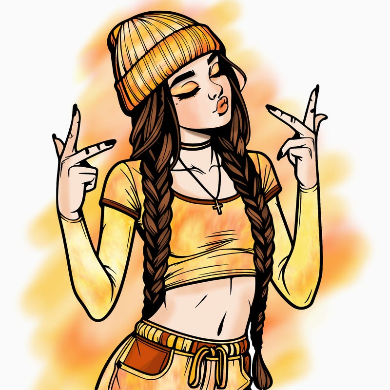 realistic teenage girl with braids and a beanie and crop top doing 🫶🏼