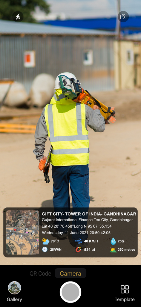 Gps Map Camera - Timestamp - A professional in a safety vest at a construction site with a GPS camera overlay showing coordinates map and timestamp