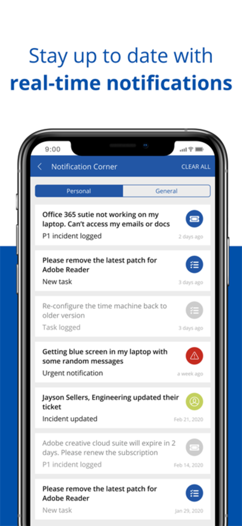 Ivanti Neurons for ITSM & ITAM - Pantalla de smartphone que muestra la sección de notificaciones de la aplicación Ivanti Neurons para ITSM con una lista de actualizaciones de incidencias y tareas de TI