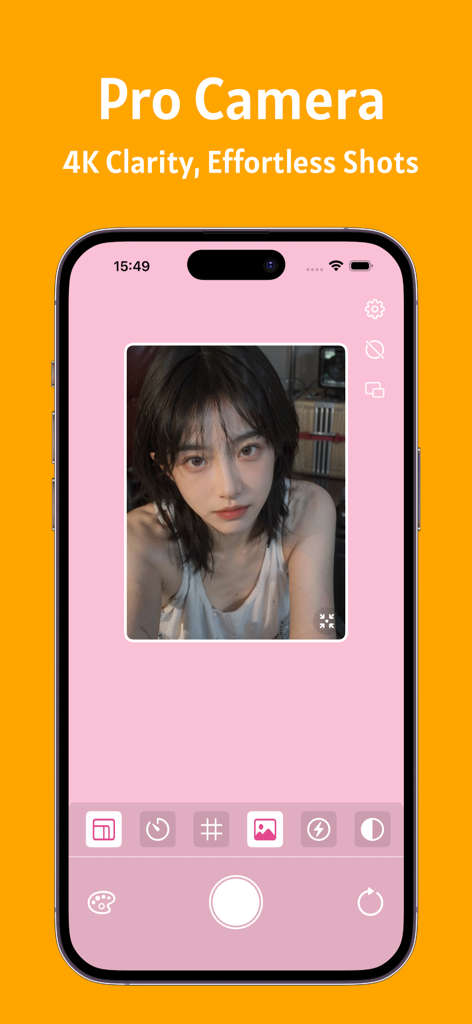 GlowCam app interface showing pro camera features and 4K clarity