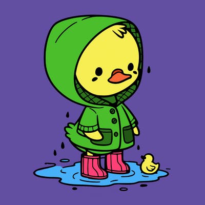 baby duck in a rain coat and boots, in a puddle while it’s raining