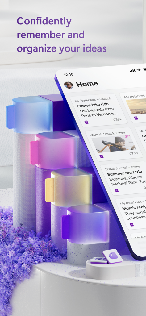 Microsoft OneNoteのモバイルアプリのホーム画面。整理された様々なデジタルノートブックとセクションが表示されています。