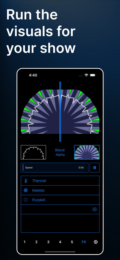 Interfaz de la aplicación móvil GoVJ que muestra la mezcla de video en tiempo real con efectos visuales como caleidoscopio y mezcla alfa.