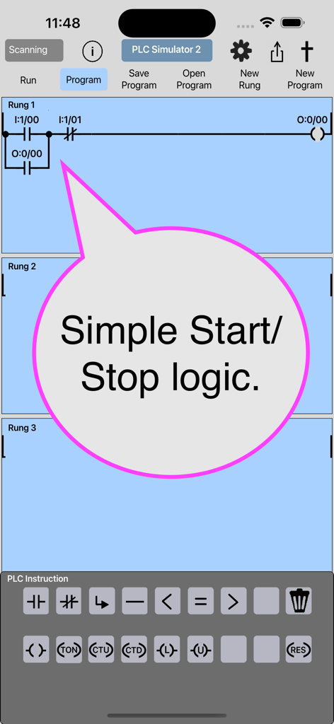 PLC Simulator 2インターフェイスには、モバイルデバイス上の単純な開始および停止ラダーロジック回路が表示されています