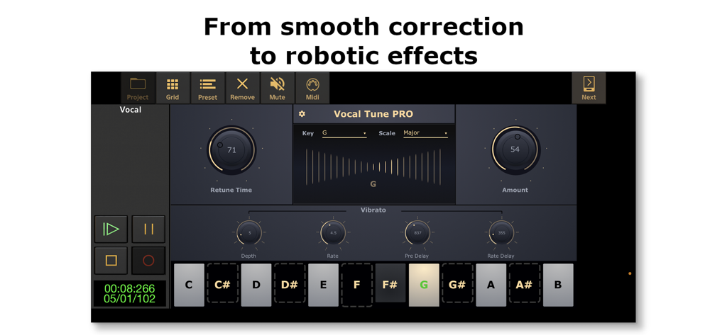 Interface of Vocal Tune PRO app showing pitch correction, vibrato controls and a piano keyboard.