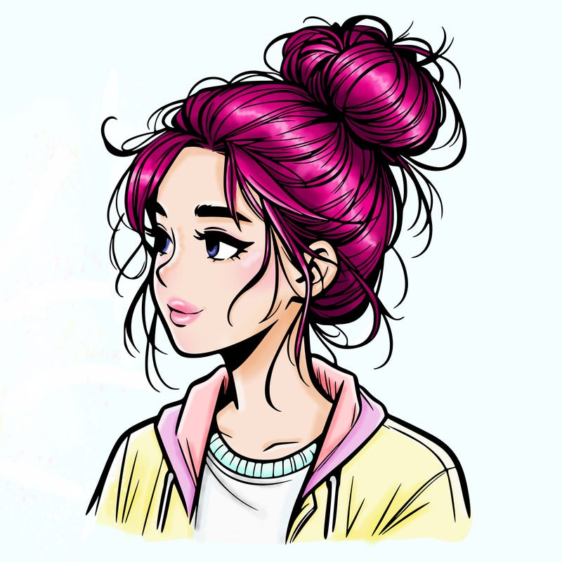 realistic teenage girl with a messy bun
