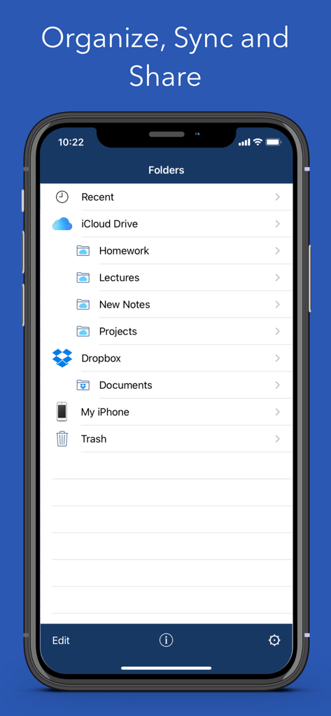 AudioNote 2 app screen showing folder organization and cloud synchronization with iCloud and Dropbox