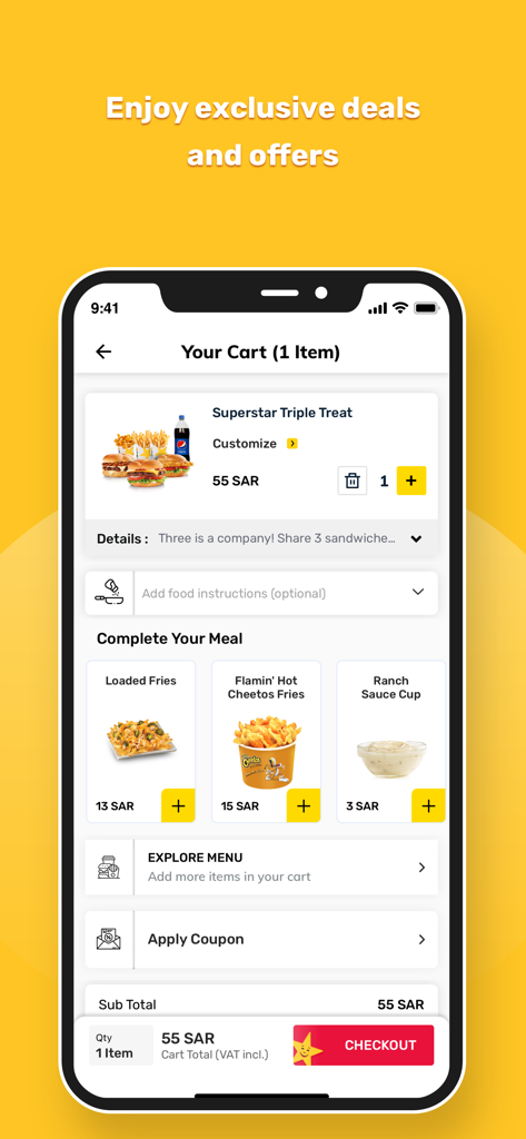 Hardee's Saudi Arabia - Online - Hardees Saudi Arabia mobile app shopping cart screen showing a burger combo and checkout button