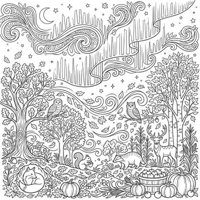 Journey into a captivating autumn forest where whimsical woodland creatures prepare for winter under the enchanting glow of the northern lights. This intricate coloring page invites you to bring a vibrant spectrum of colors to a magical seasonal scene.