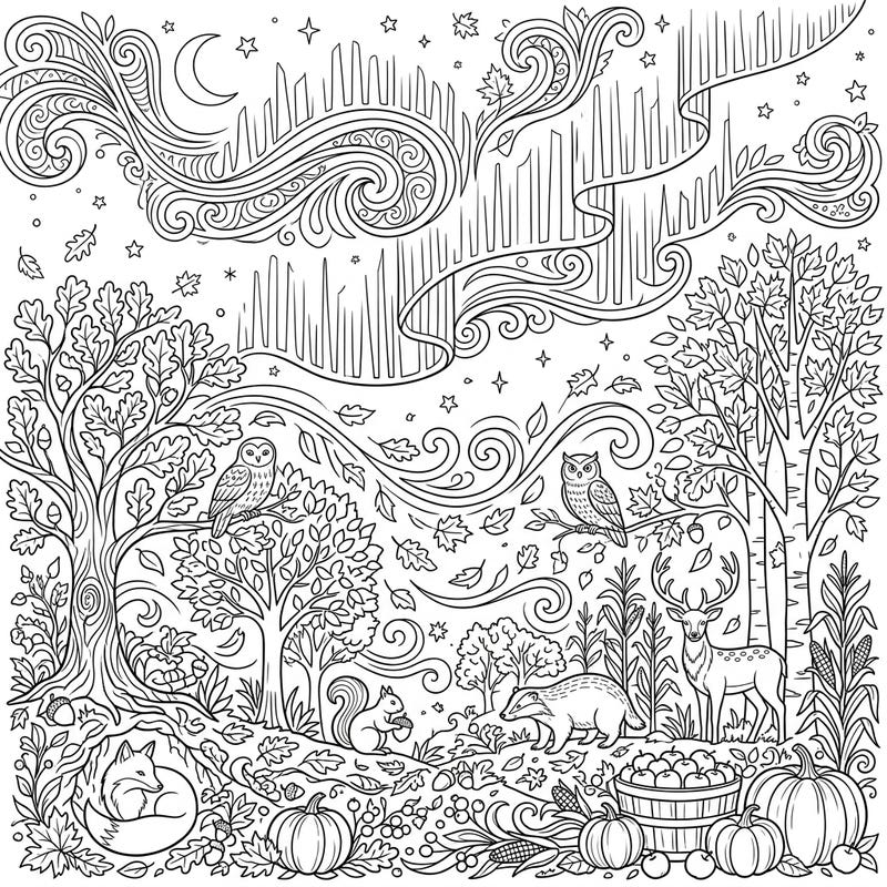 Journey into a captivating autumn forest where whimsical woodland creatures prepare for winter under the enchanting glow of the northern lights. This intricate coloring page invites you to bring a vibrant spectrum of colors to a magical seasonal scene.
