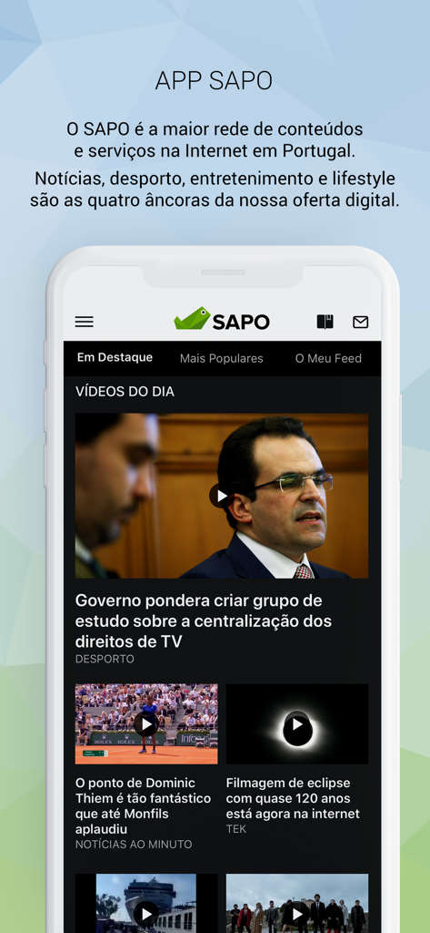 Screenshot of the SAPO app showing the daily video section with Portuguese news headlines