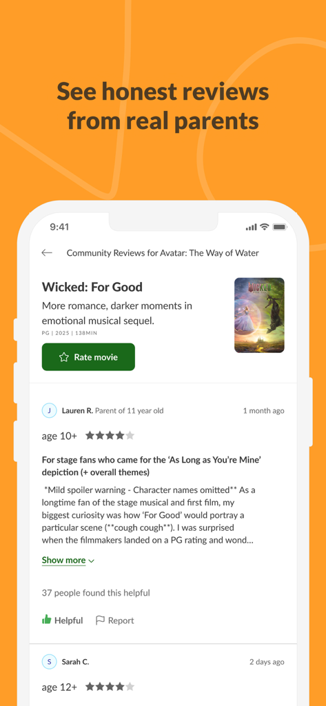Common Sense Media - Common Sense Media app interface displaying movie reviews and ratings from parents.