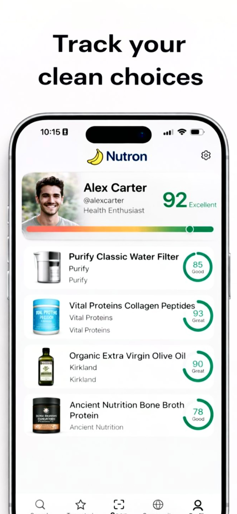 Interfaz de la aplicación Nutron que muestra el perfil de un usuario y una lista de productos de alimentos saludables escaneados con puntuaciones de salud.