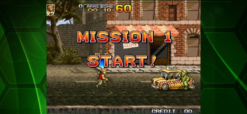 METAL SLUG 4 ACA NEOGEO - Metal Slug 4 gameplay screenshot showing the mission one start screen with retro pixel art