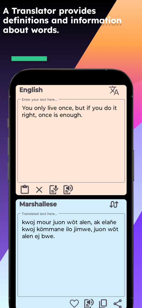 Screenshot of English Marshallese Translate app showing a translated quote from English to Marshallese on a smartphone
