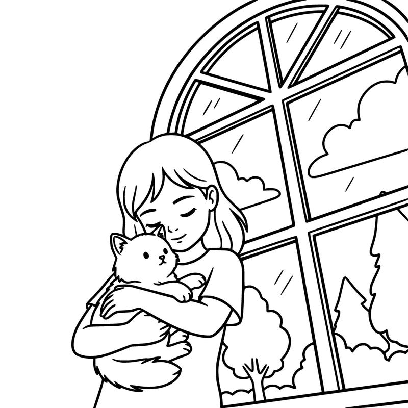 girl with cat in her arms next to window