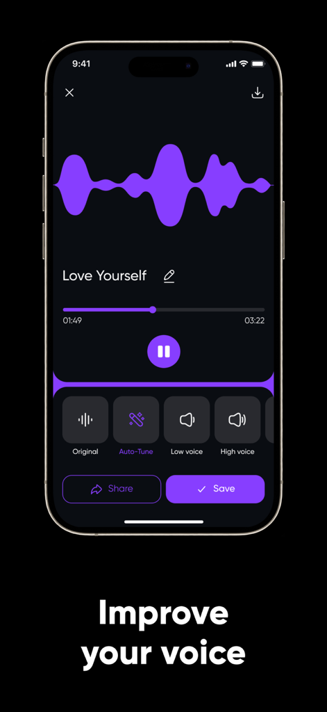Voice Changer - Song Maker - App-Oberfläche mit Gesangseffekten und Autotune zur Songerstellung