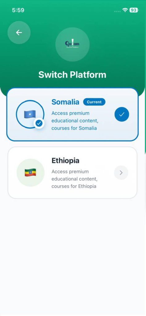 Qalam Platform - Switch platform screen showing Somalia and Ethiopia options on the Qalam app