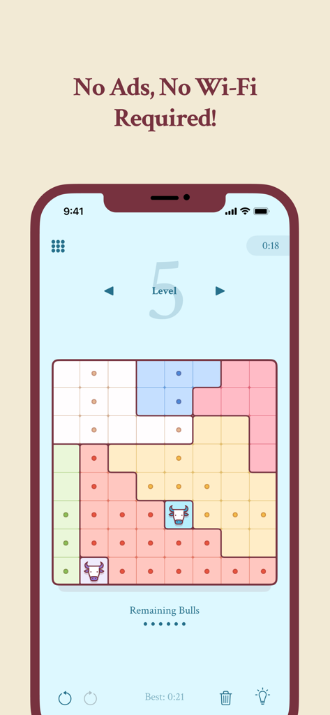 Bullpen: Logic Puzzle Game - Bullpen logic puzzle game screen showing a colorful grid with the text No Ads No Wi-Fi Required