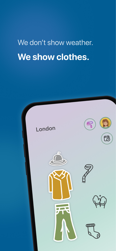 Weather: What to Wear - Suggestions de tenues illustrées pour le temps à Londres sur une interface d'application mobile.