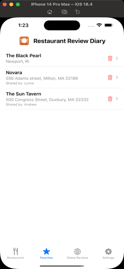 Restaurant Review Diary - The favorites screen of the Restaurant Review Diary app showing a list of saved restaurants with locations.