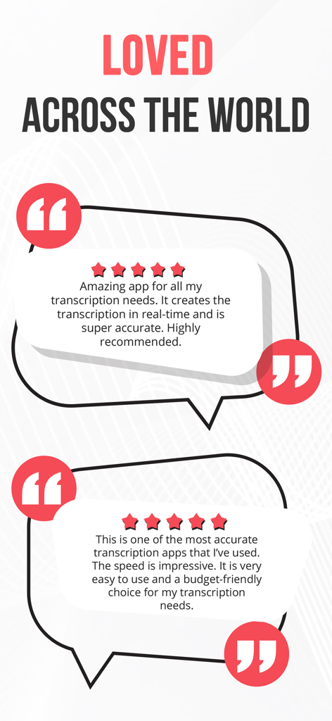 AI Note Taker Voice Memos App - Positive user reviews and 5-star ratings for the AI Note Taker transcription app highlighting its accuracy and speed.