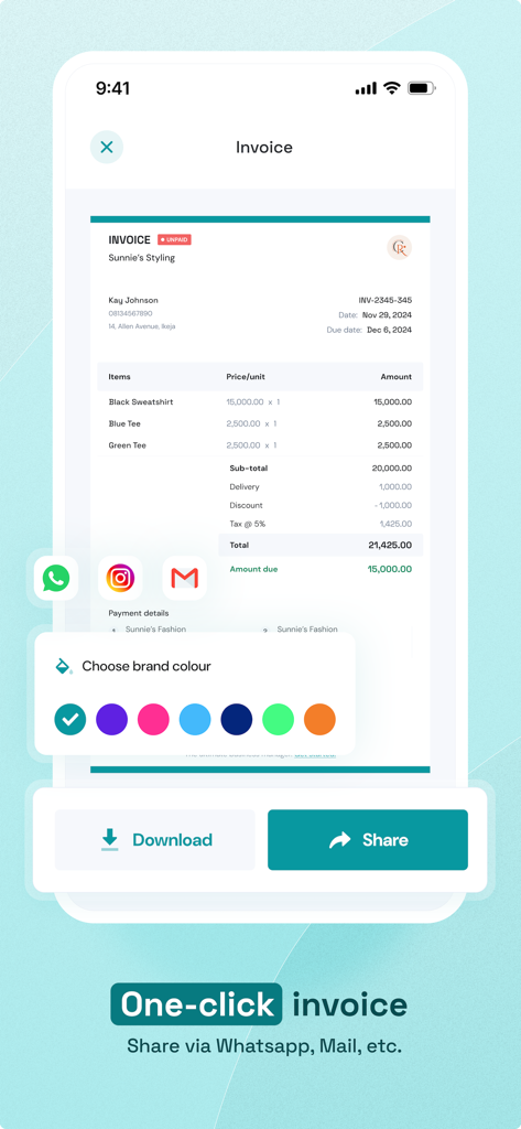 Cantant - Smarter Bookkeeping - Tela do aplicativo móvel Cantant mostrando uma fatura profissional com personalização de cores da marca e opções de compartilhamento para proprietários de pequenas empresas