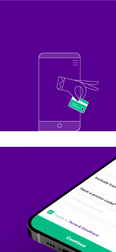 Hand holding a green payment card over a smartphone outline and app interface