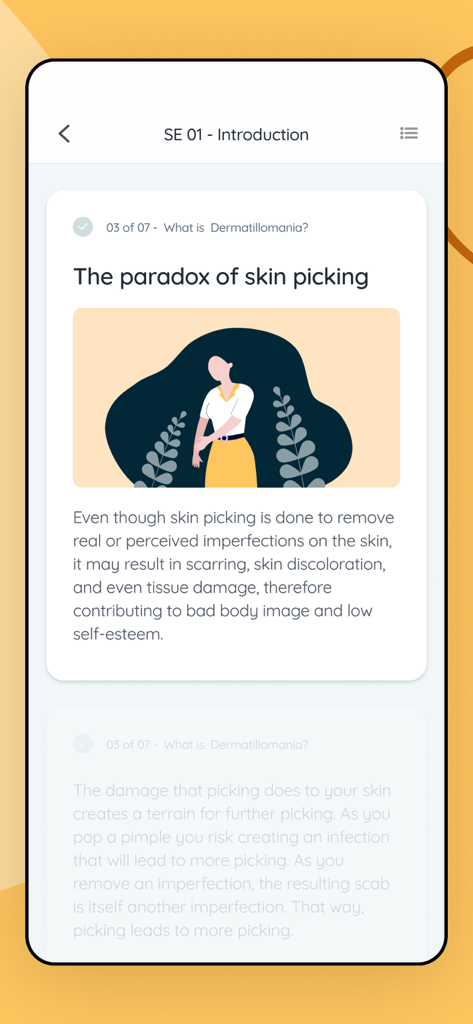 An educational screen from the SkinPick app titled The Paradox of Skin Picking with an illustration of a woman.