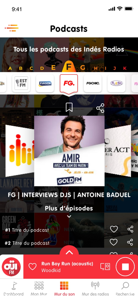 Les Indés Radios - Podcast selection screen in the Les Indes Radios app showing French radio programs and live audio player.