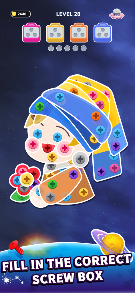 Screw Master: Color Nuts Jam - A colorful character puzzle in Screw Master: Color Nuts Jam where players sort colored screws into matching boxes