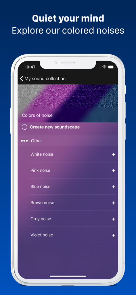 TaoMix 2: Sleep Sounds & Focus - TaoMix 2 app interface showing a list of colored noise options including white pink and brown noise for sleep and focus