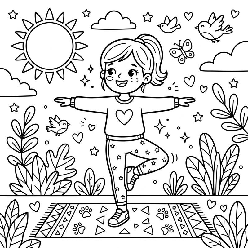Get ready for a peaceful and playful coloring session with this adorable Kids Yoga Activewear design. It features a cheerful child practicing yoga, perfect for young artists to bring to life.