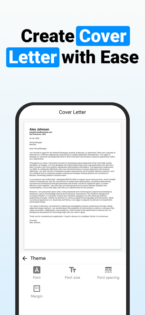 A mobile app screen showing a professional cover letter with customizable theme options like font and margins.