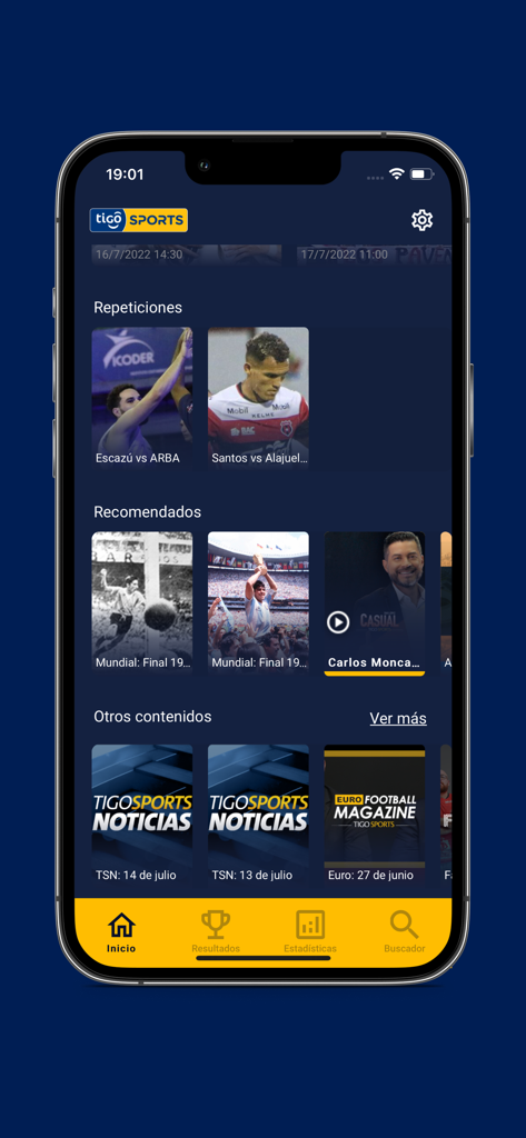 Home screen of the Tigo Sports Costa Rica app showing soccer match replays and sports news