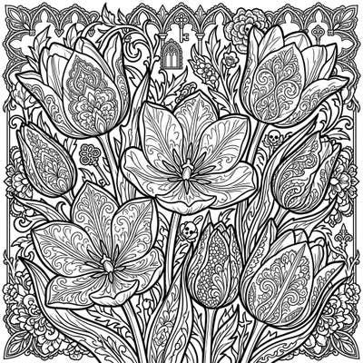 Explore the captivating blend of natural beauty and dark elegance with this Gothic Kaufmanniana Tulips coloring page. Immerse yourself in intricate patterns, Victorian-inspired details, and subtle gothic motifs perfect for a unique coloring experience.