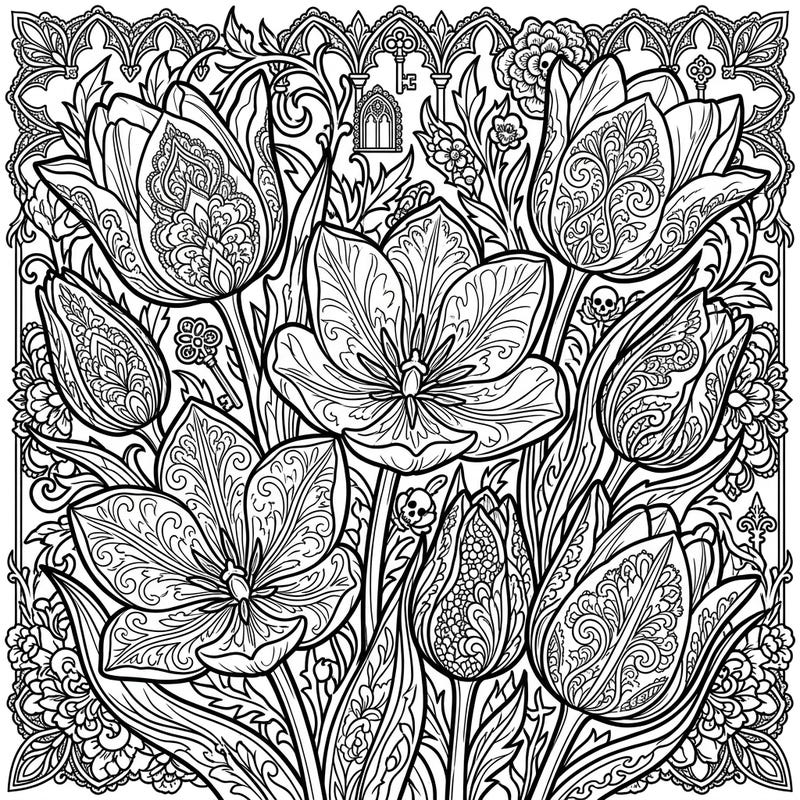 Explore the captivating blend of natural beauty and dark elegance with this Gothic Kaufmanniana Tulips coloring page. Immerse yourself in intricate patterns, Victorian-inspired details, and subtle gothic motifs perfect for a unique coloring experience.