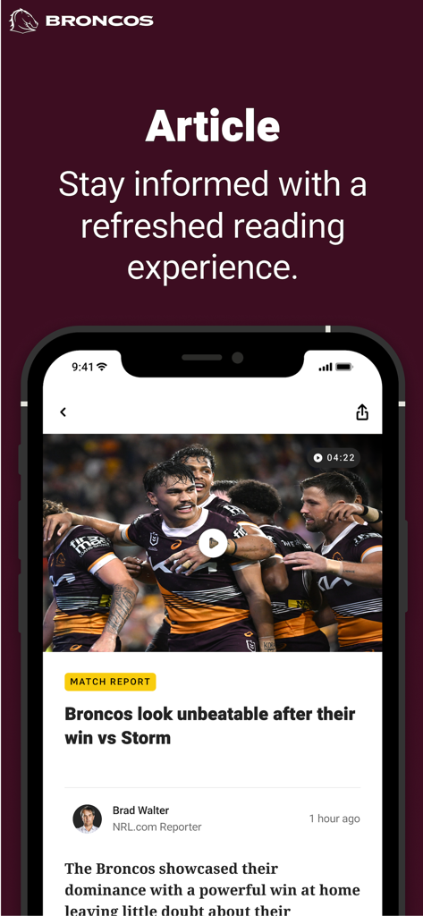 Brisbane Broncos - Brisbane Broncos official app showing a match report article about a win against the Storm