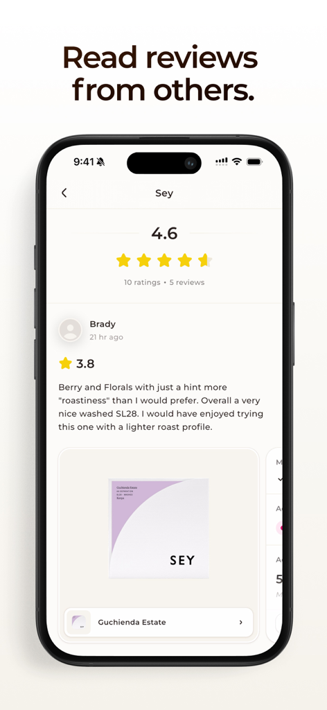 Interface of the Coffi coffee tracker app showing a community review and star rating for a specialty coffee bag